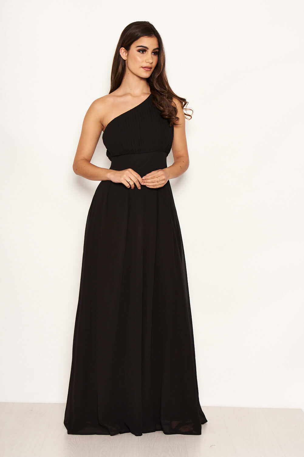 Kikodress - Black One Shoulder Pleated Maxi Dress