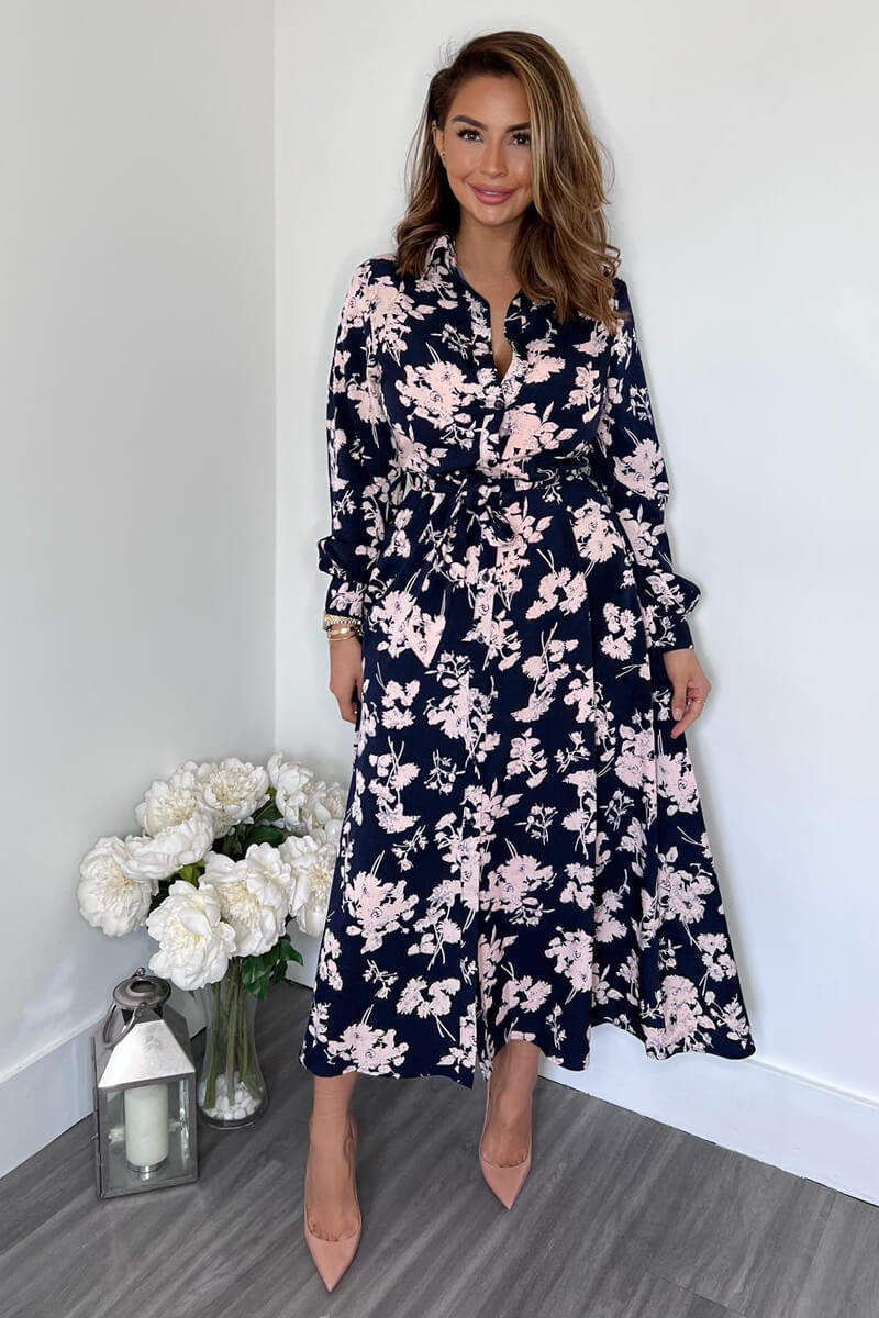 Kikodress - Navy And Pink Floral Button Up Midi Shirt Dress