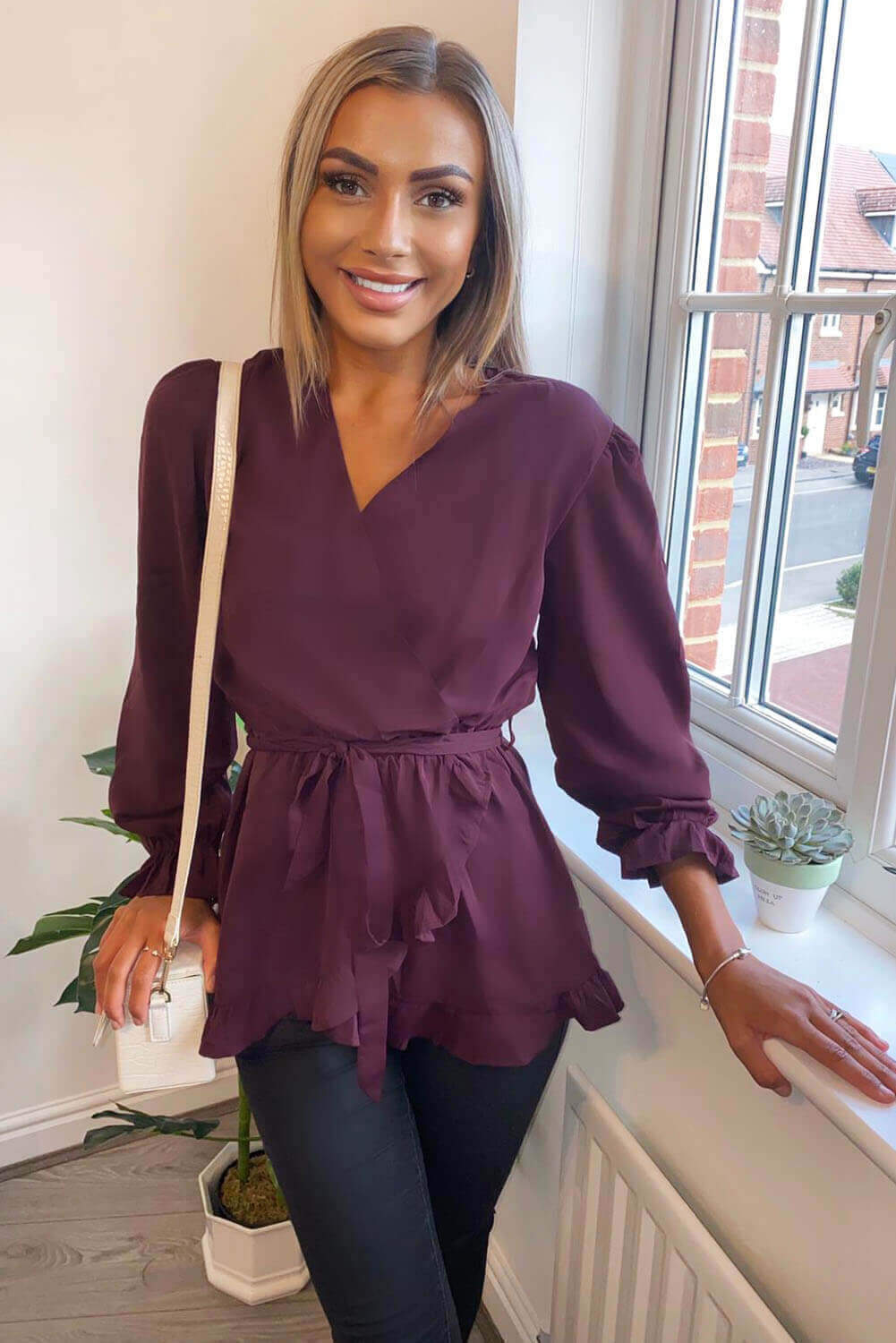 Kikodress - Plum Frill Wrap Top