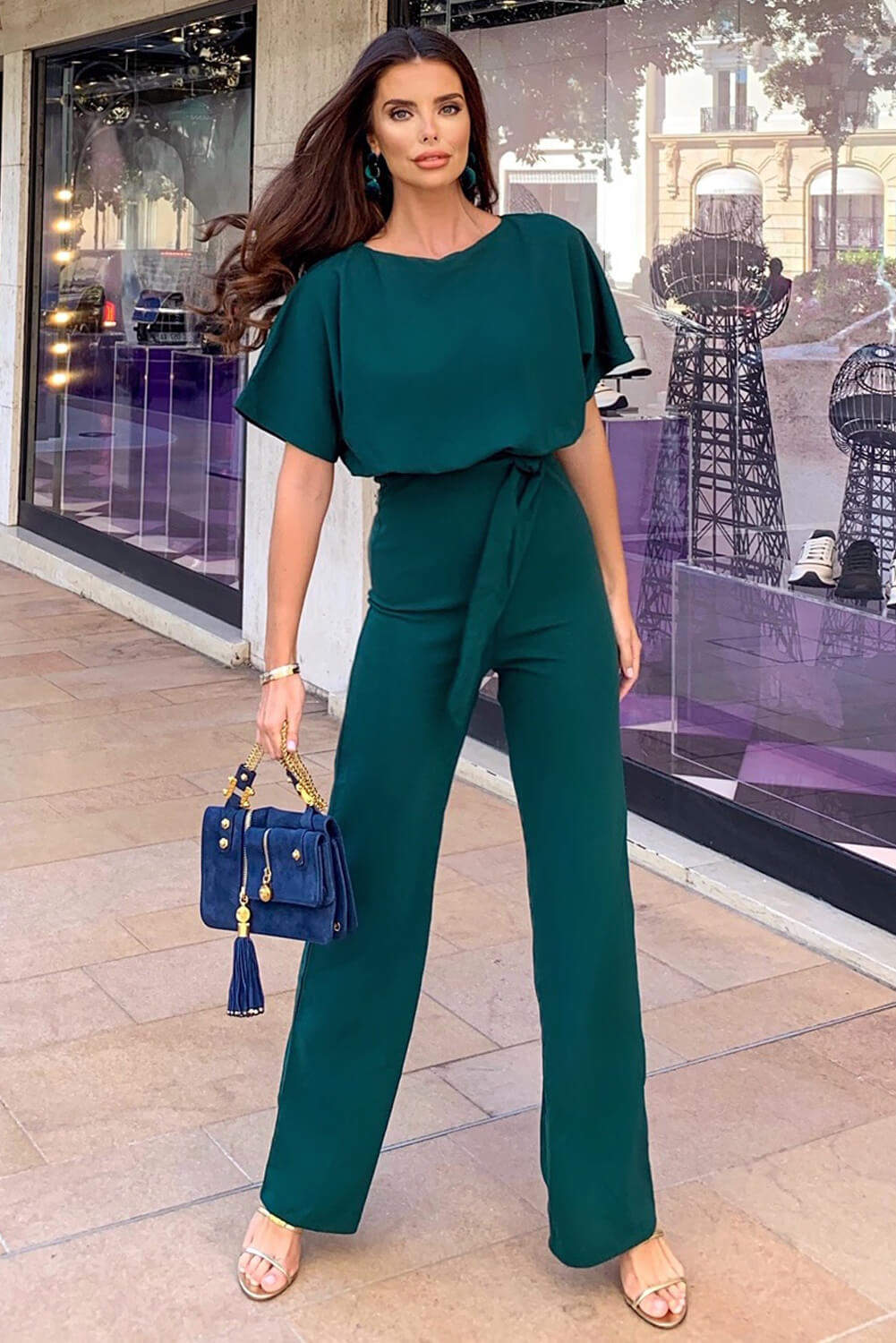 Kikodress - Teal Tie Waist Jumpsuit