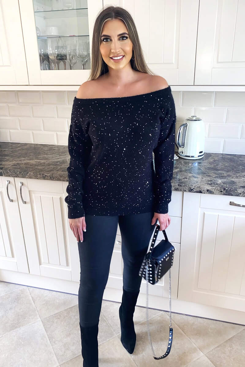 Kikodress - Black Sequin Off The Shoulder Knit Jumper