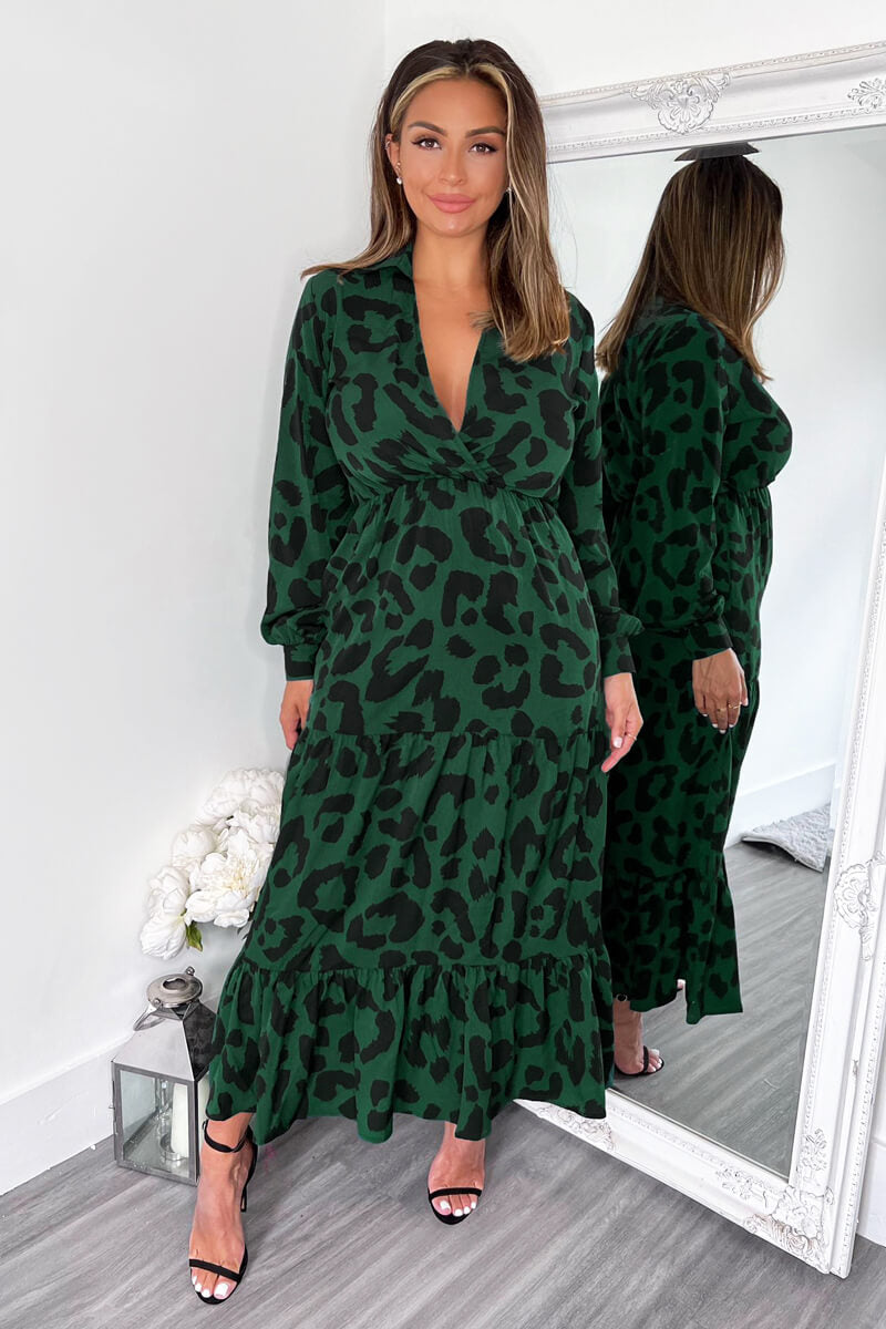 Kikodress - Green Leopard Print Long Sleeve Smock Midi Dress
