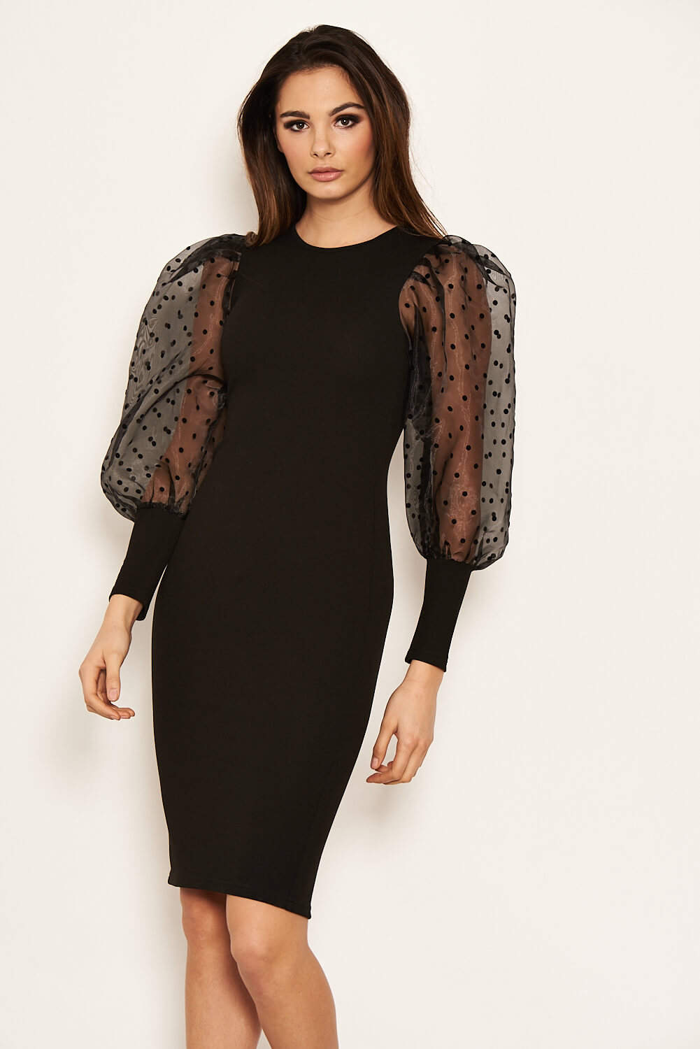 Kikodress - Black Polka Dot Puff Sleeve Midi Dress