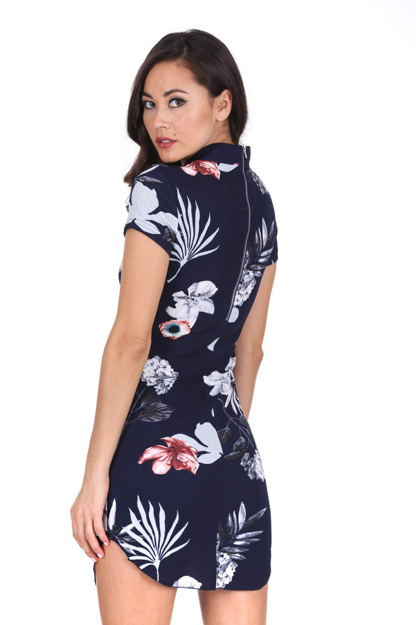 Kikodress - Navy Floral Print High Neck Mini Dress