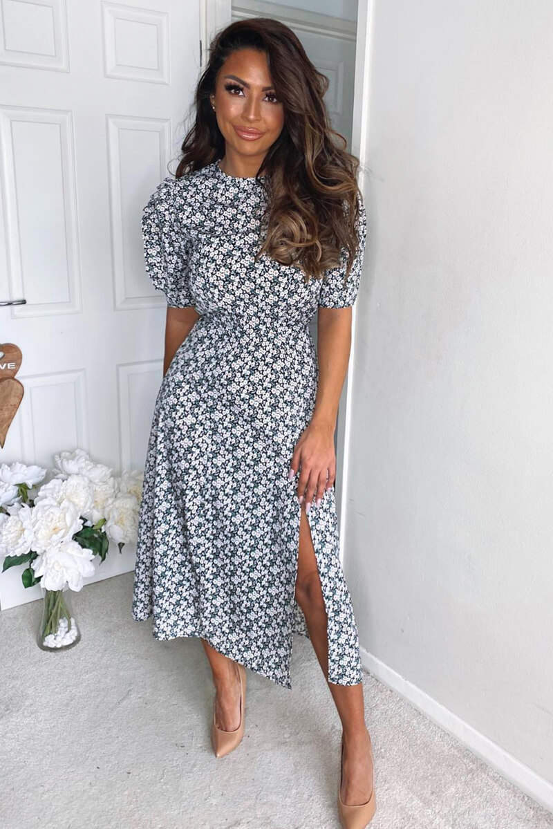 Kikodress - Cream Daisy Print Pleat Sleeve Midi Dress