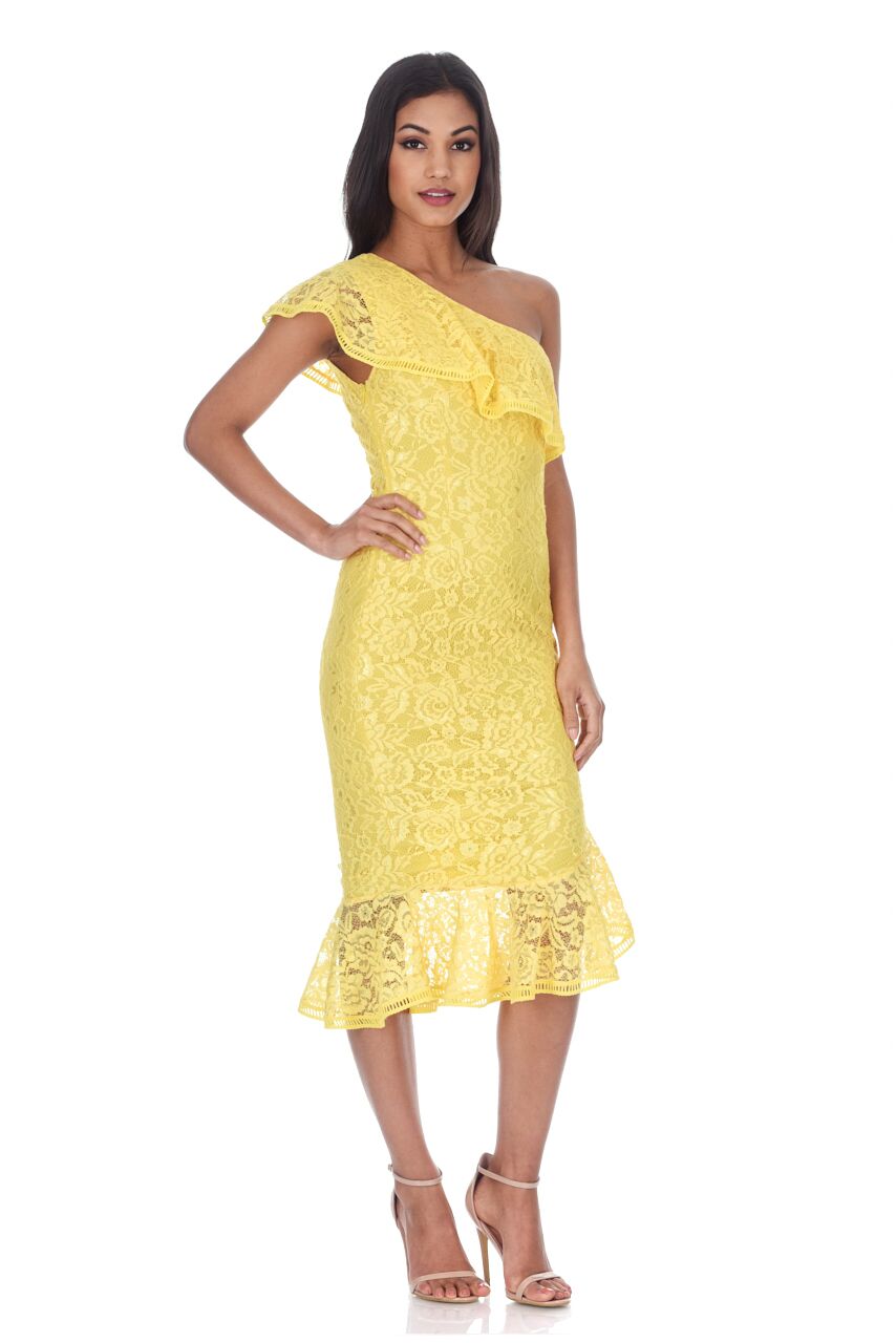 Kikodress - Yellow Lace One Shoulder Frill Detail Midi Dress
