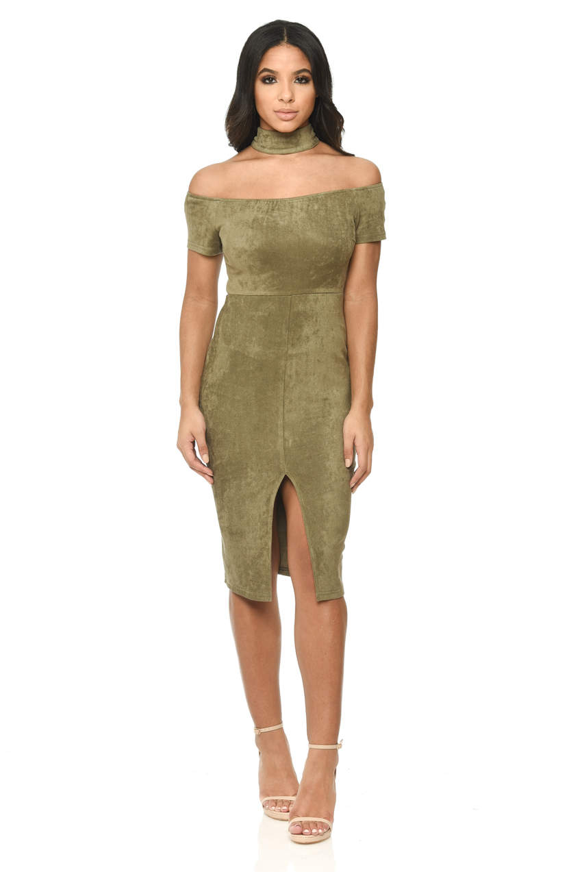 Kikodress - Khaki Off The Shoulder Choker Dress With Capped Sleeves
