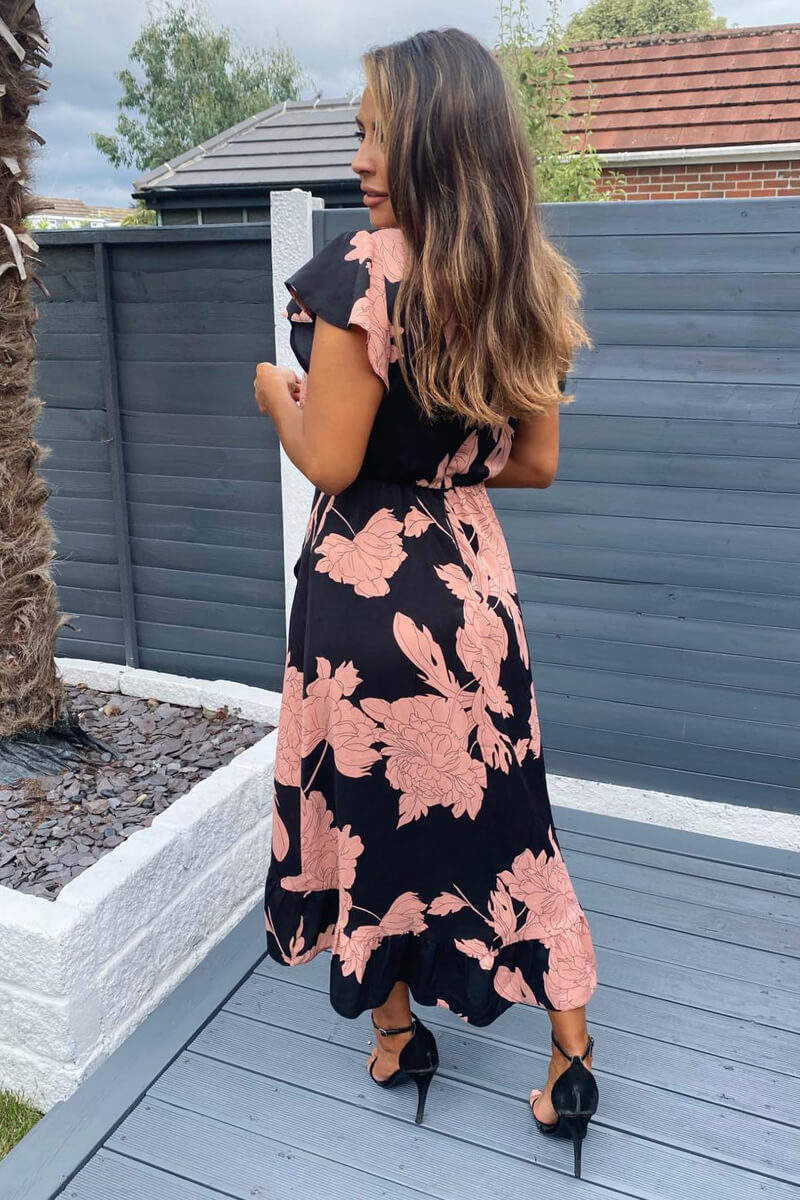 Kikodress - Black and Blush Floral Print Wrap Midi Dress