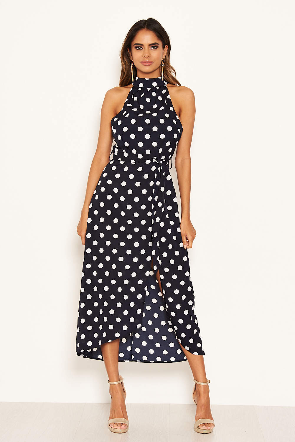 Kikodress - Navy Polka Dot High Neck Slit Front Dress