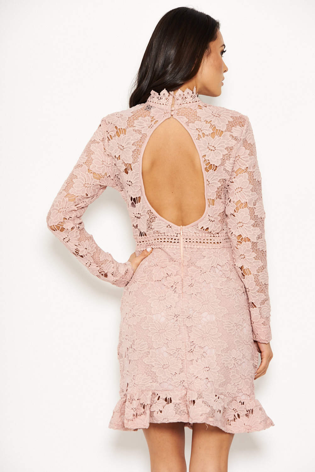 Kikodress - Nude Lace Dress With Frill Hem And Cut Out Back