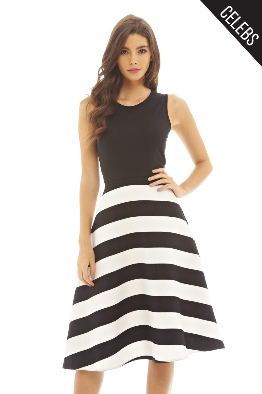 Kikodress - 2 In 1 Striped Midi Skater Dress