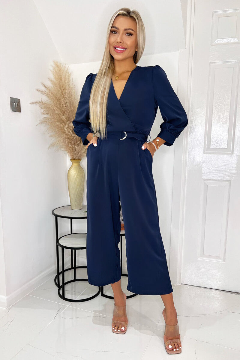 Kikodress - Navy Belted 3/4 Sleeve Jumpsuit