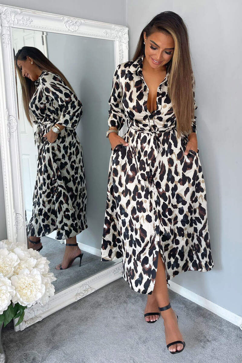 Kikodress - Leopard Print Button Up Midi Dress