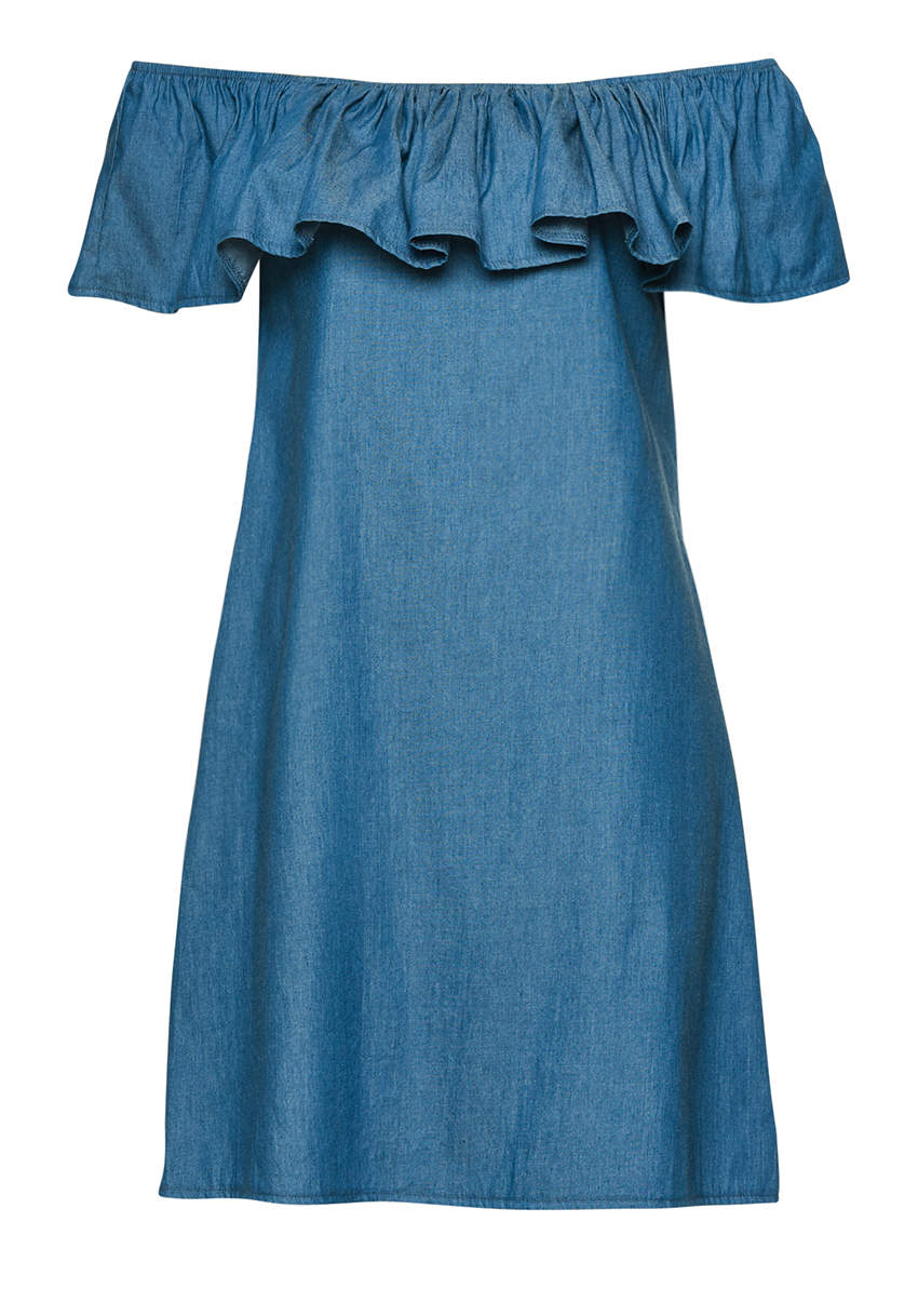 Kikodress - Blue Denim Dress Off Shoulder Frill Feature