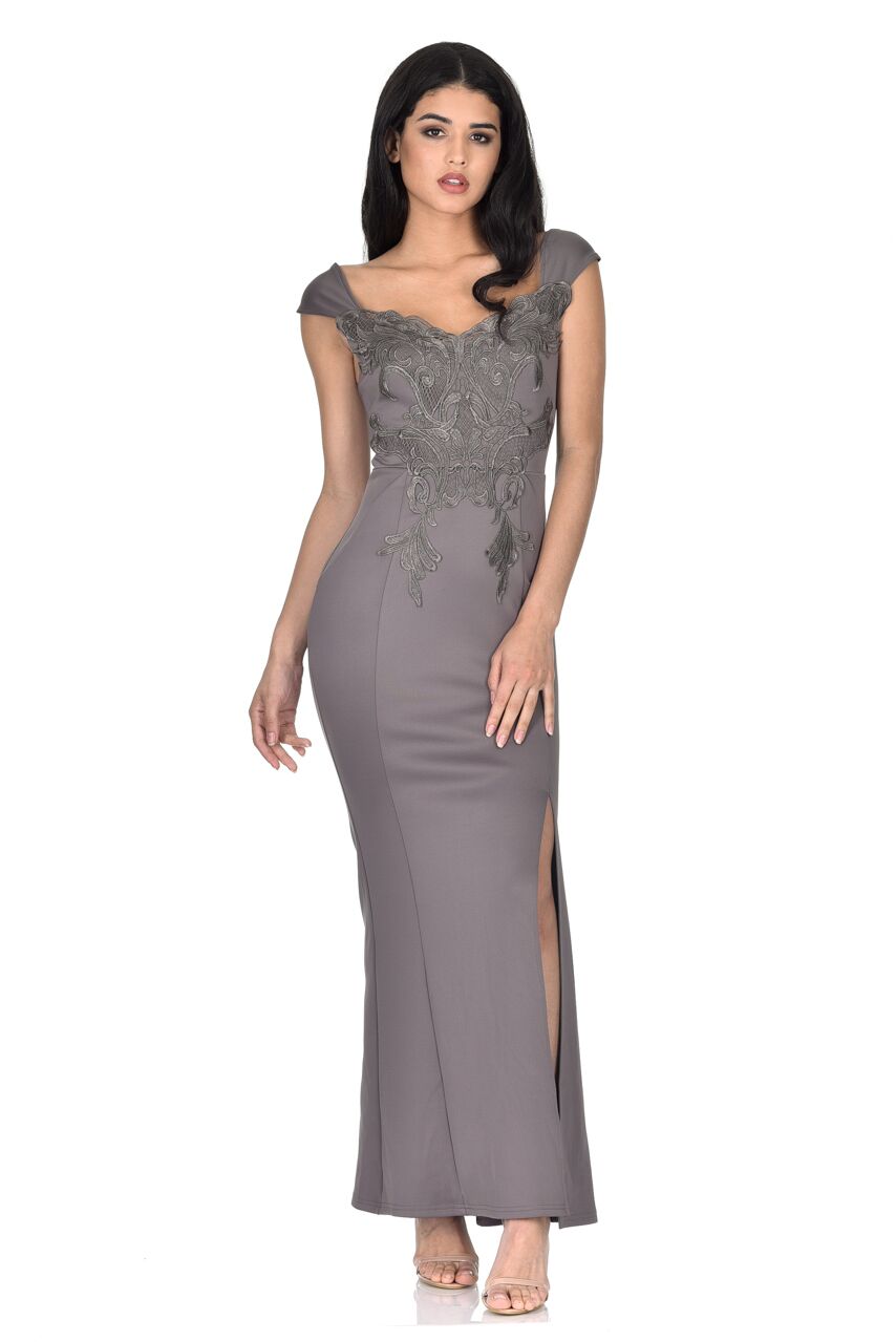 Kikodress - Dark Grey Lace Overlay Maxi Dress
