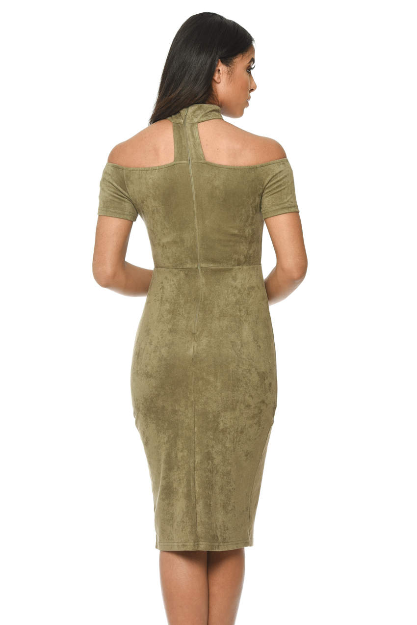 Kikodress - Khaki Off The Shoulder Choker Dress With Capped Sleeves