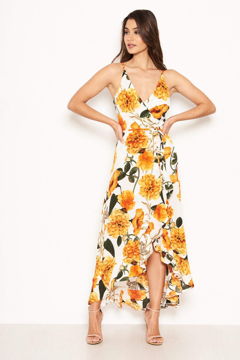 Kikodress - Orange Floral Strappy Maxi Dress