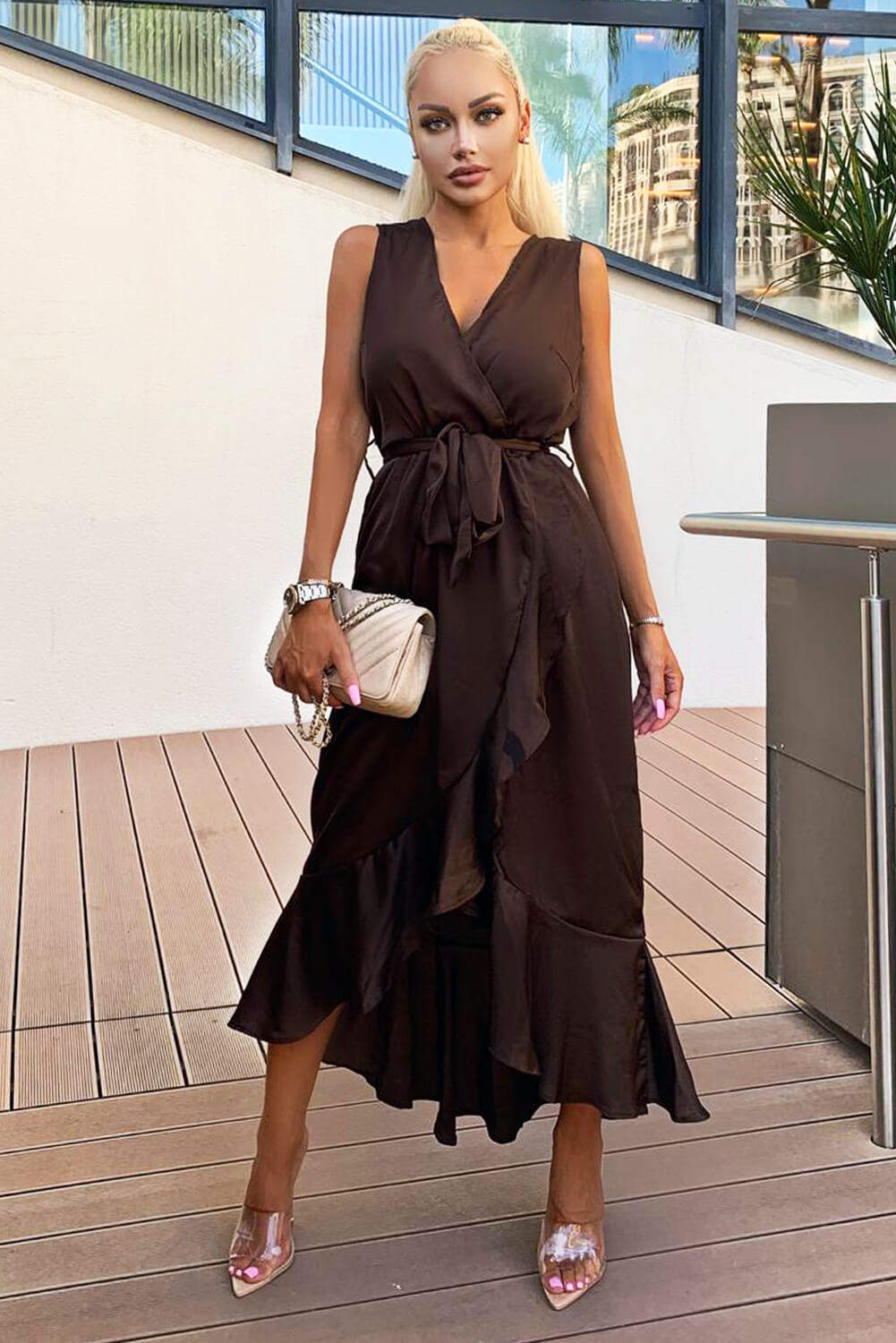 Kikodress - Chocolate Wrap Frill Hem Maxi Dress with Tie Belt
