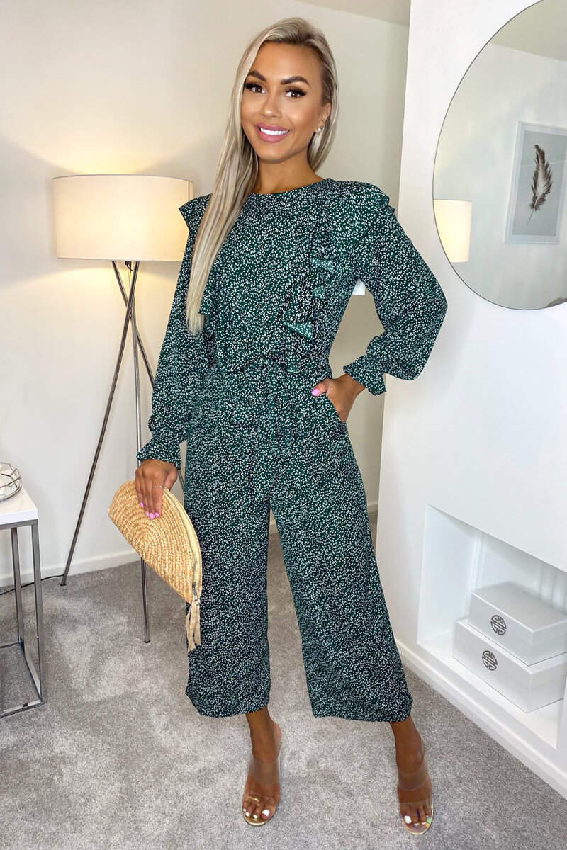 Kikodress - Forest Green Printed Frill Front Tie Jumpsuit