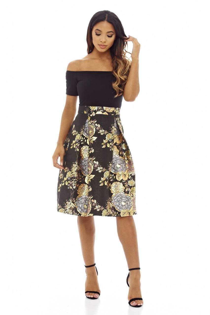Kikodress - Black Bardot Midi Skater Dress