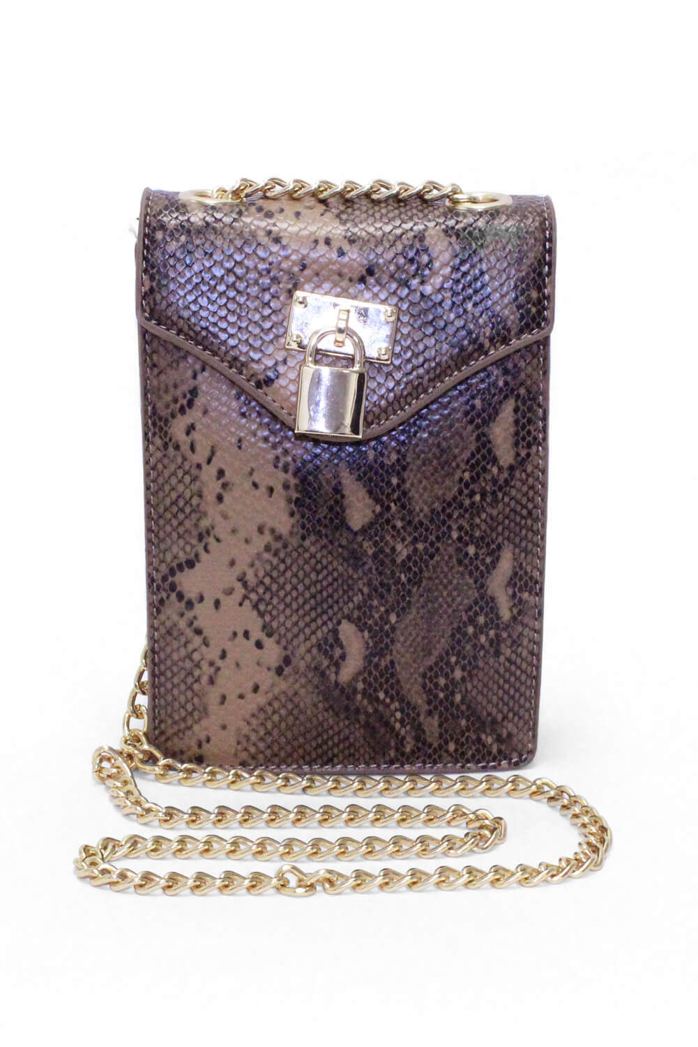 Kikodress - Brown Faux Snake Lock Rectangle Bag