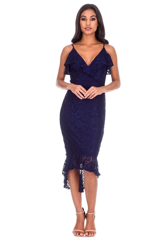 Kikodress - Navy Lace Fishtail Hem Bodycon Dress