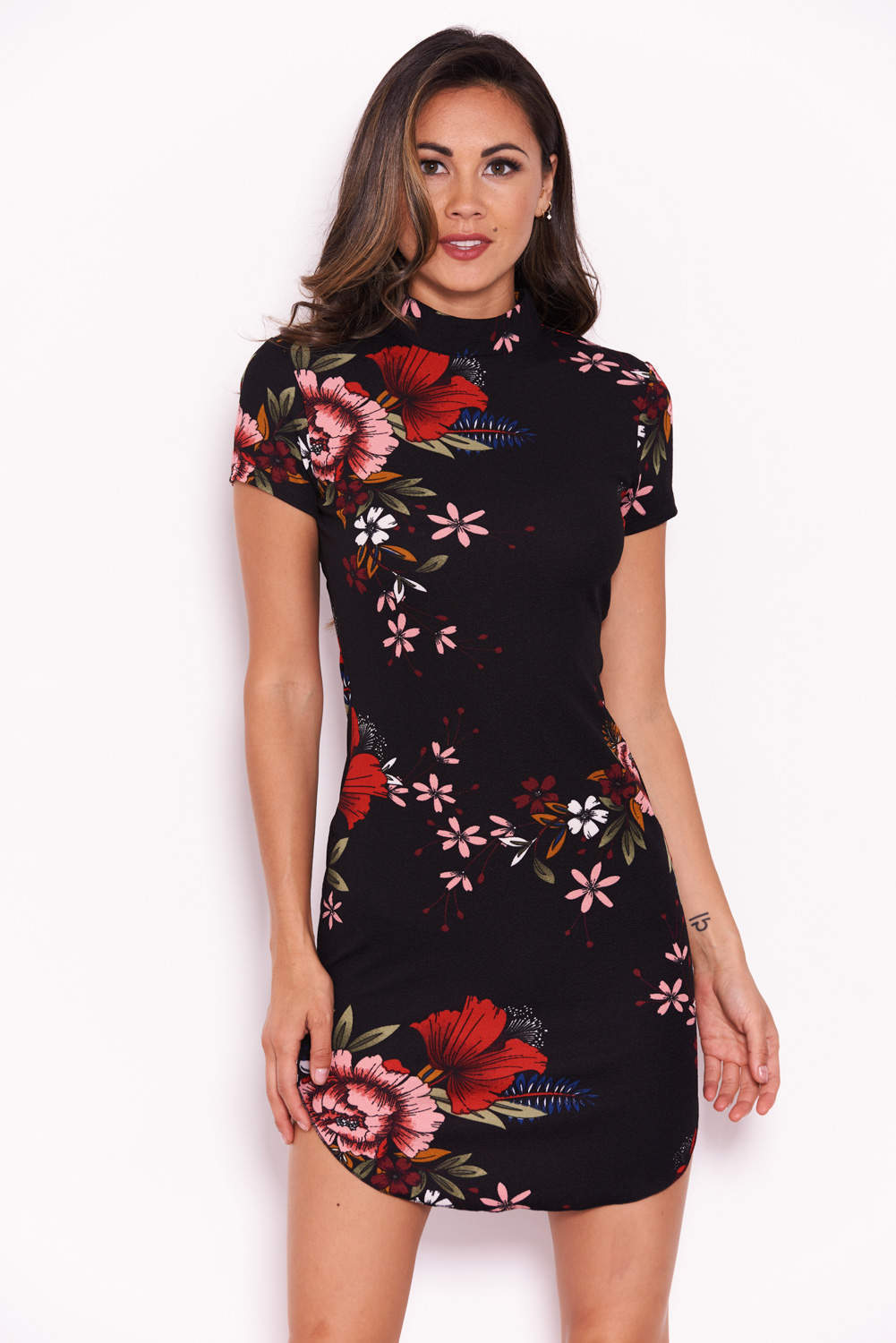 Kikodress - Black Floral Mini Dress With High Neck