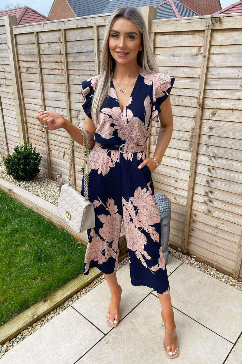 Kikodress - Navy And Blush Floral Wrap Front Belted Jumpsuit