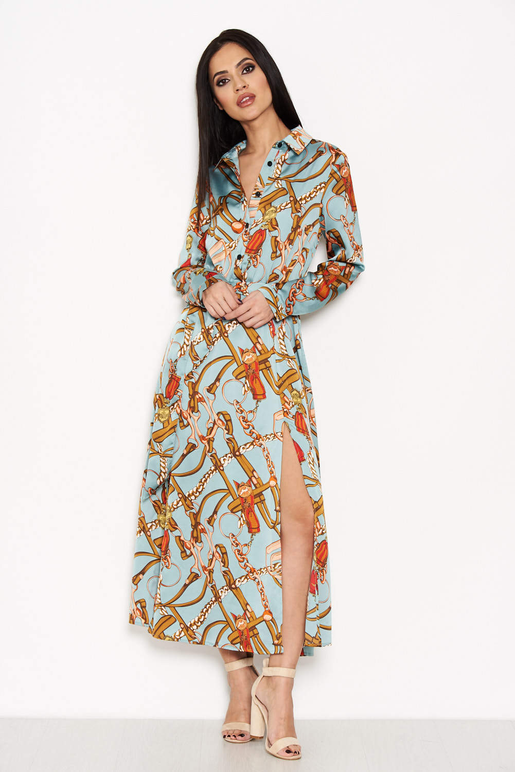 Kikodress - Duck Egg Printed Long Sleeve Shirt Dress