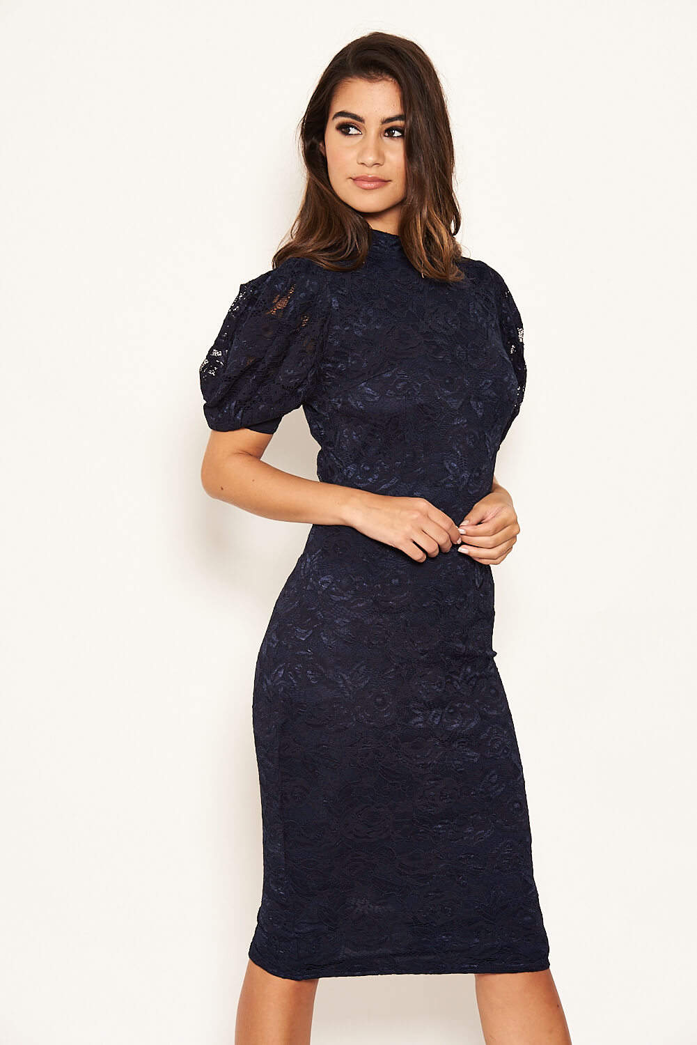 Kikodress - Navy Lace High Neck Puff Sleeve Midi Dress