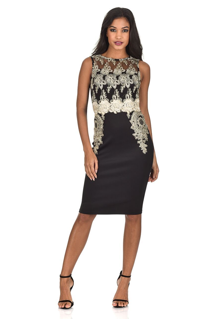 Kikodress - Black Gold Lace Midi Dress