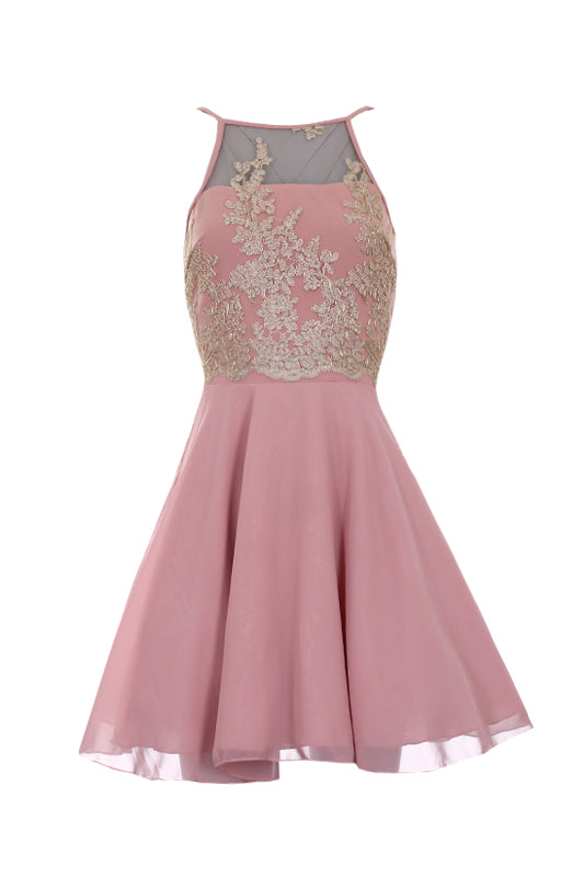 Kikodress - Pink Mesh Gold Embroidered Skater Dress