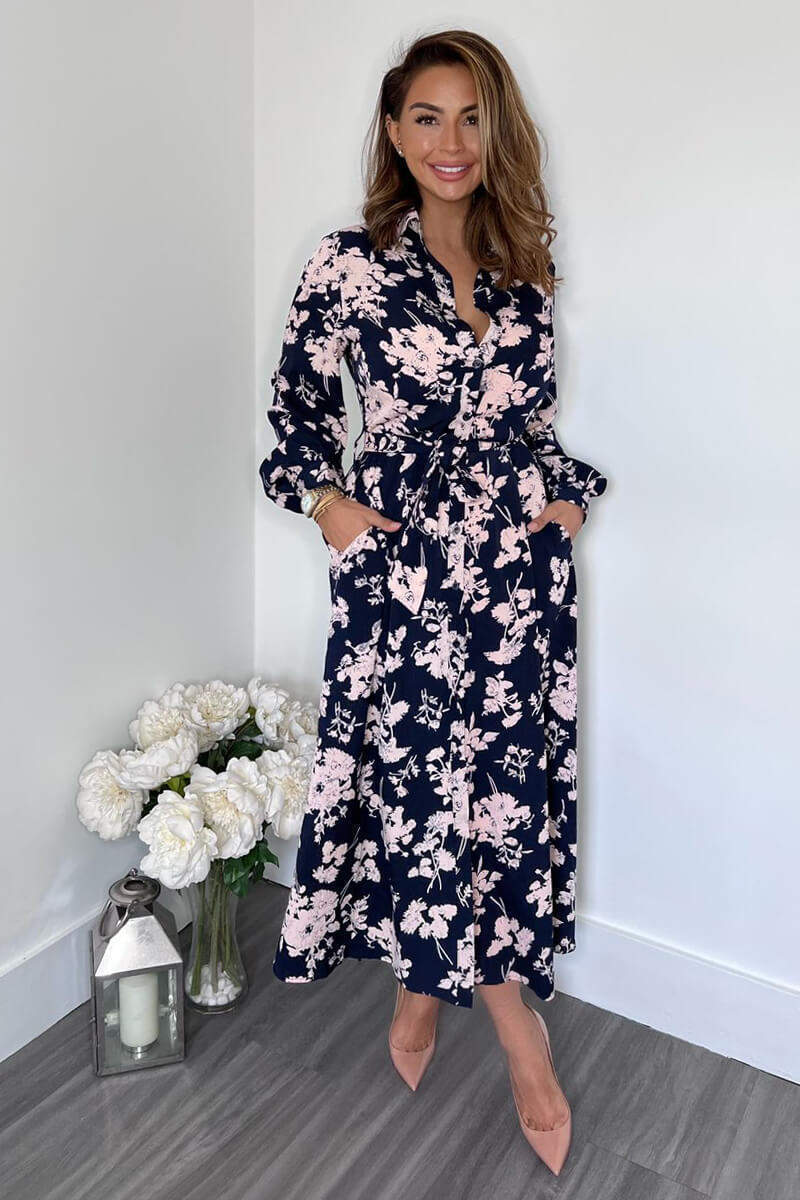 Kikodress - Navy And Pink Floral Button Up Midi Shirt Dress