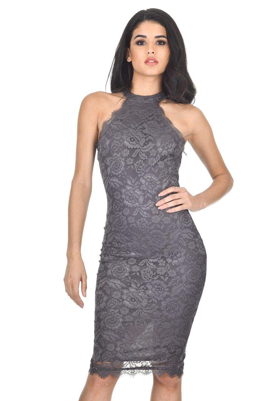 Kikodress - Dark Grey Lace Halter Neck Midi Dress
