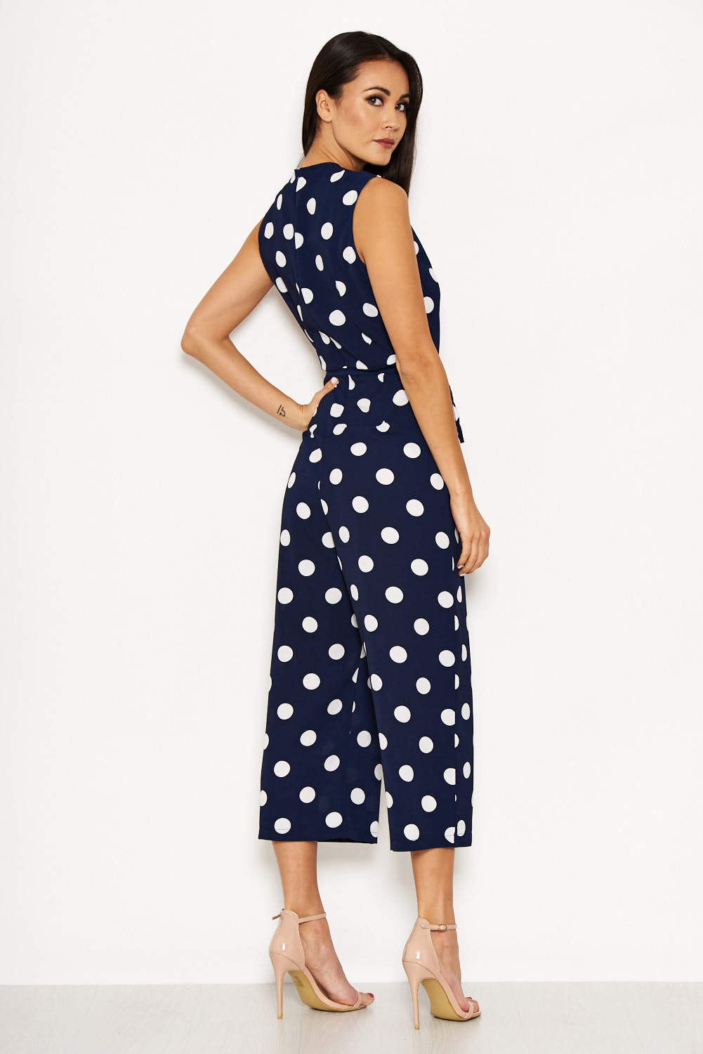 Kikodress - Navy Polka Dot Tie Waist Jumpsuit
