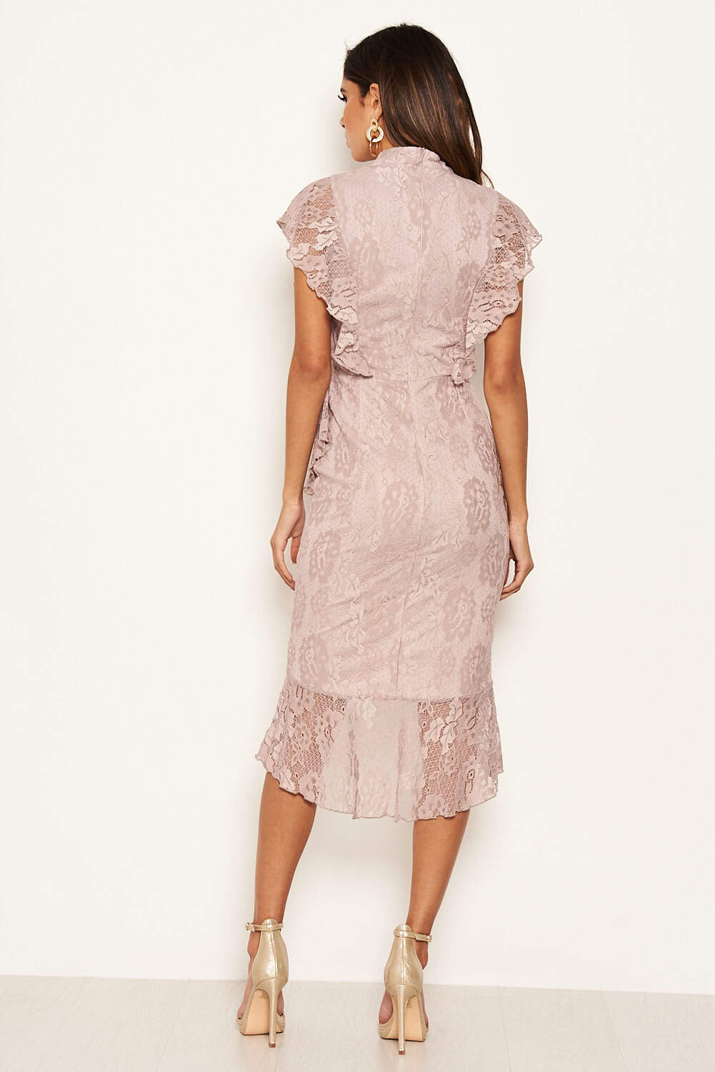 Kikodress - Mushroom Lace Fish Tail Frill Sleeve Midi Dress