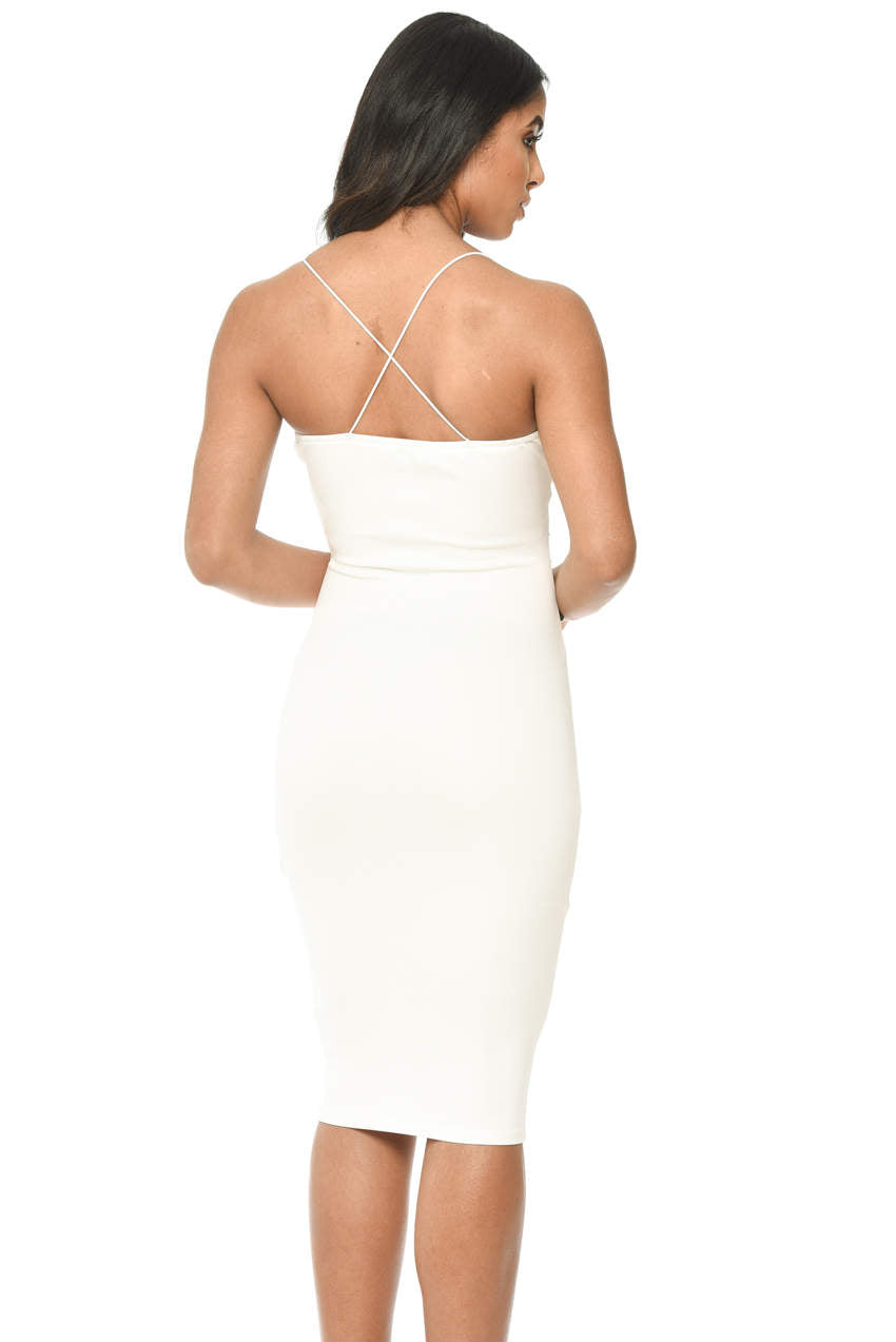 Kikodress - Cream Strappy Embroidered Bodycon Midi Dress