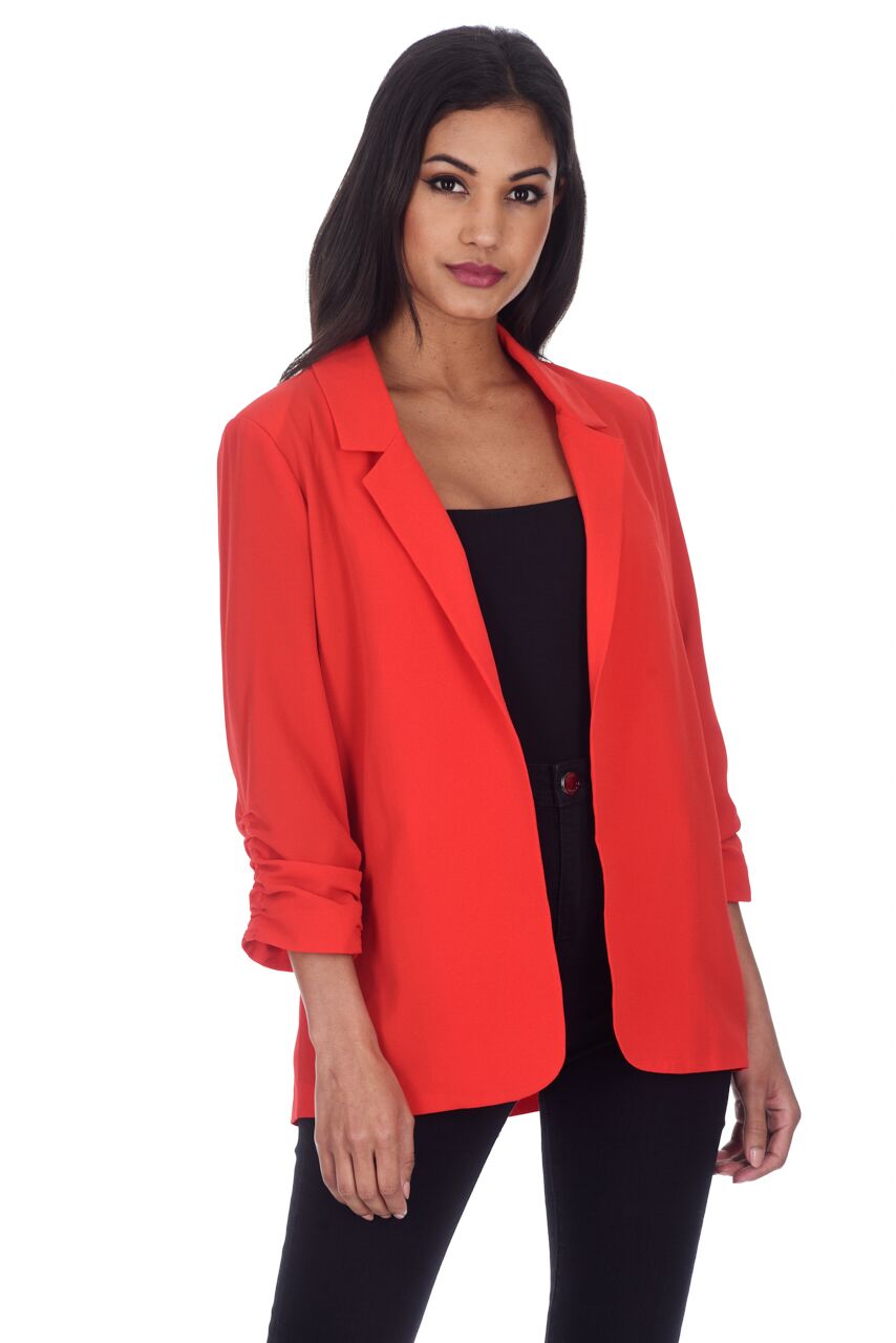 Kikodress - Red Blazer Jacket With Ruched Sleeves