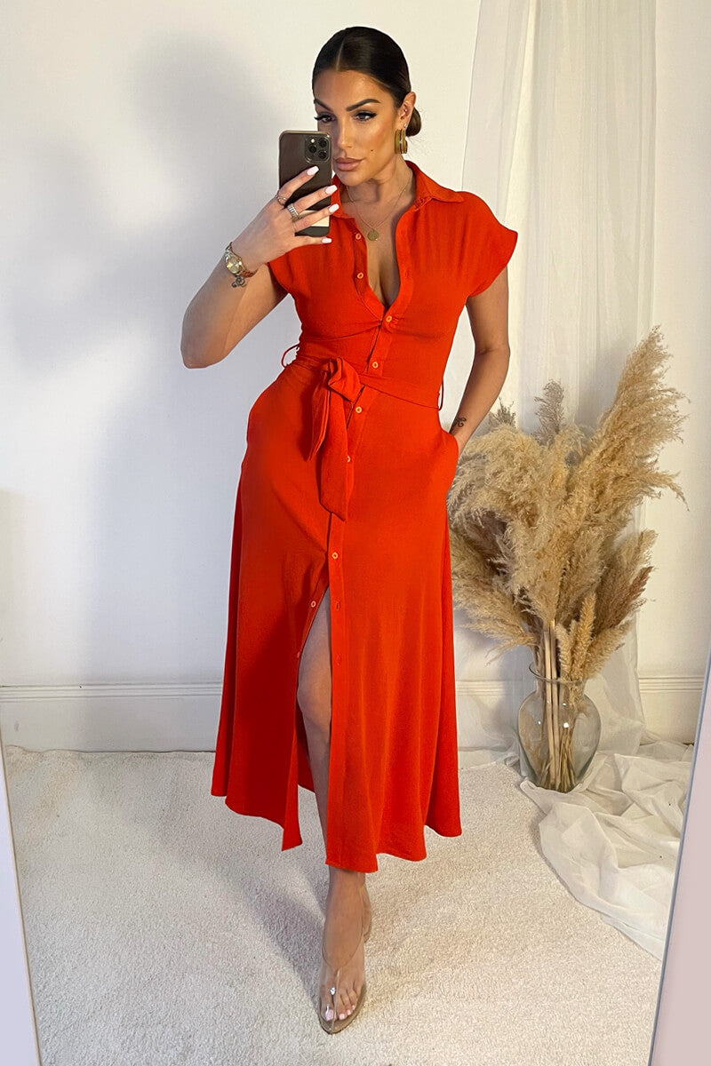 Kikodress - Burnt Orange Tie Waist Button Up Midi Dress
