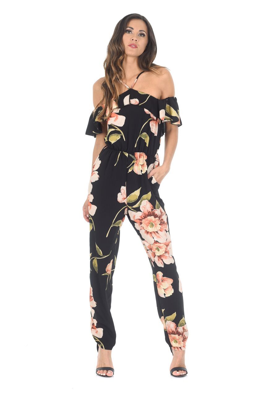 Kikodress - Black Cold Shoulder Floral Jumpsuit
