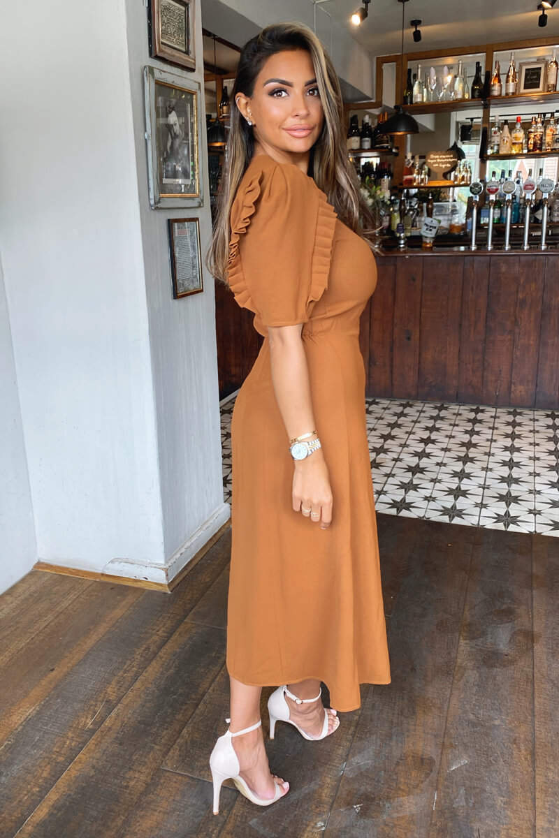 Kikodress - Tan Pleated Sleeve Split Leg Midi Dress