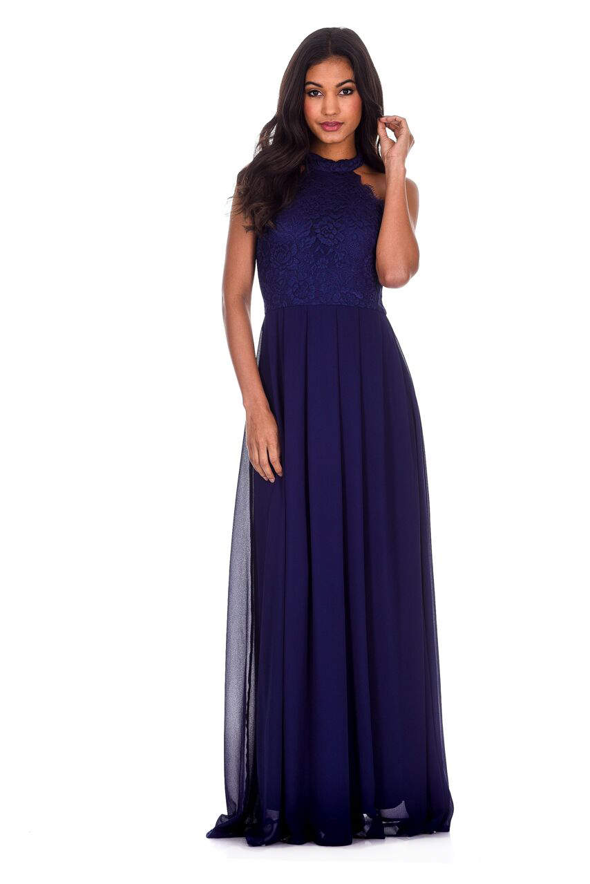 Kikodress - Navy Lace Choker Neck Maxi Dress