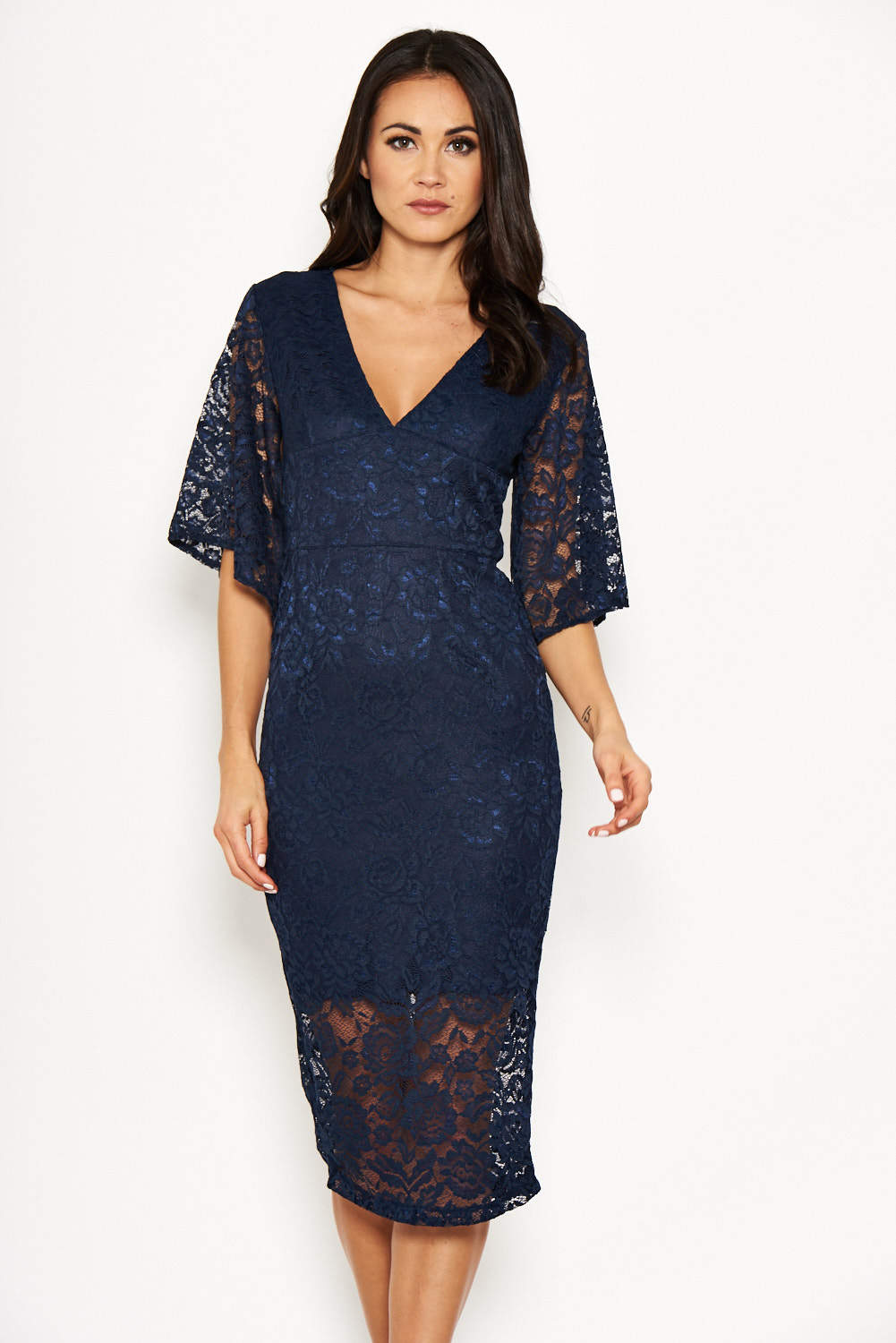 Kikodress - Navy Bell Sleeve Lace Dress