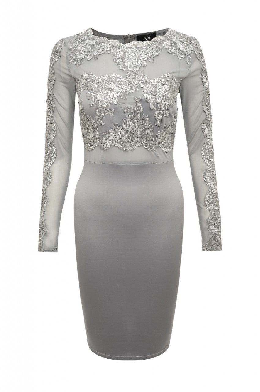 Kikodress - Grey Lace and Mesh Midi Dress