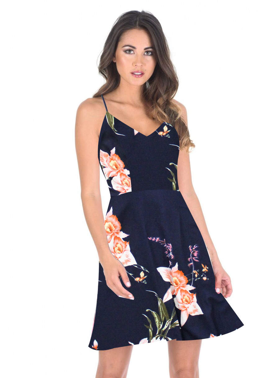 Kikodress - Navy Floral V-Neck Strappy Skater Dress