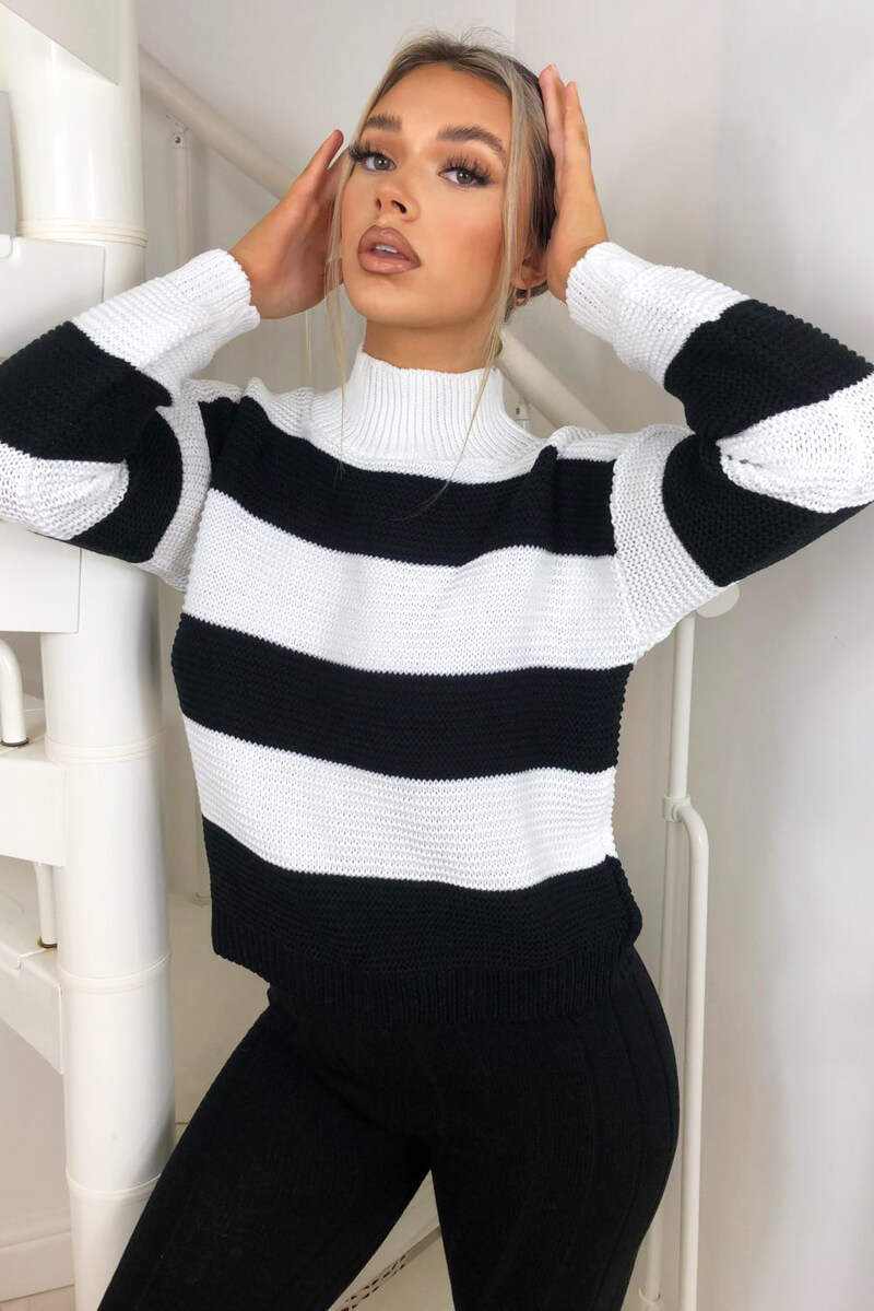 Kikodress - Black Striped High Neck Knit Jumper