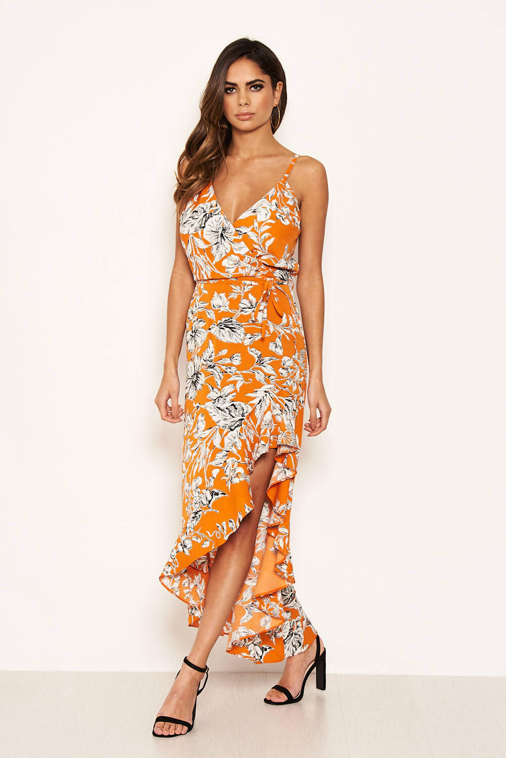 Kikodress - Orange Floral Frill Hem Dress with Tie Waist