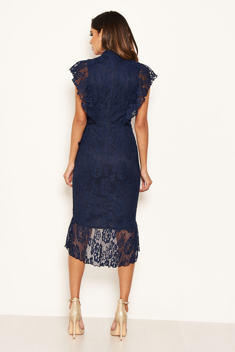 Kikodress - Navy Lace Fish Tail Frill Sleeve Midi Dress
