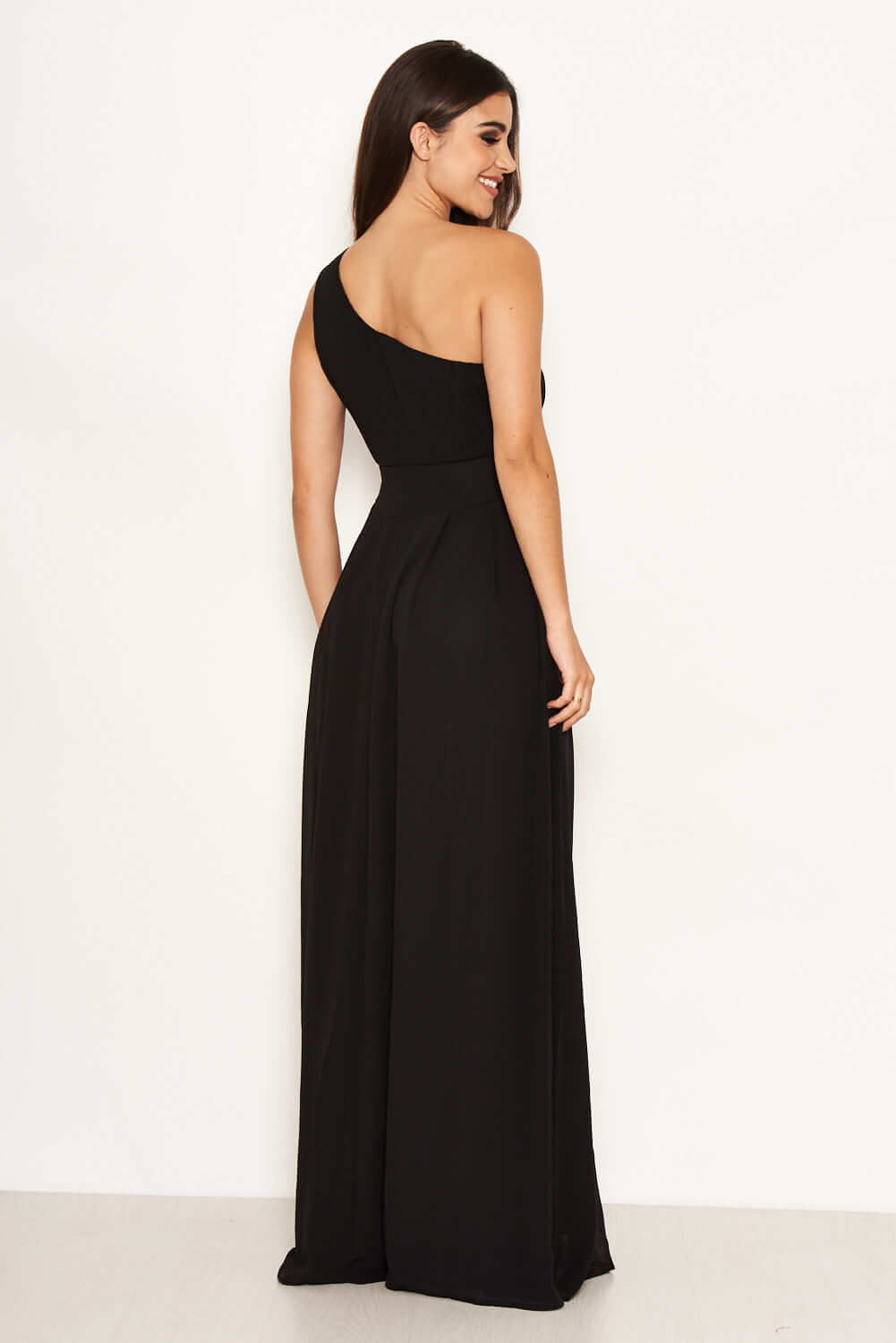 Kikodress - Black One Shoulder Pleated Maxi Dress