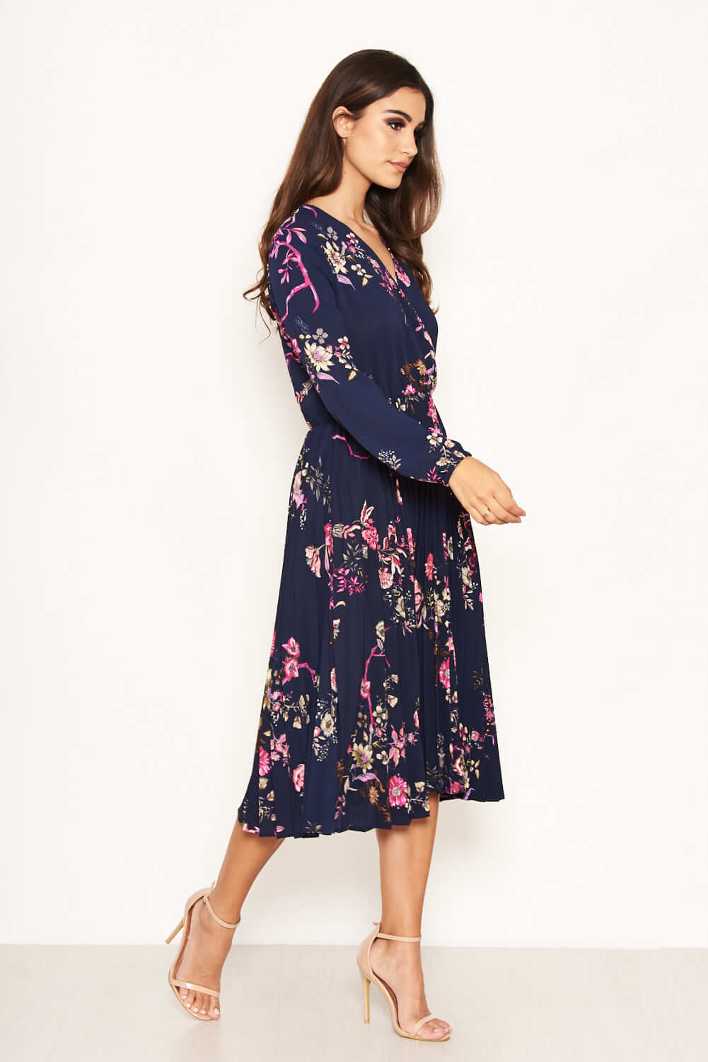 Kikodress - Navy Floral Pleated Dress